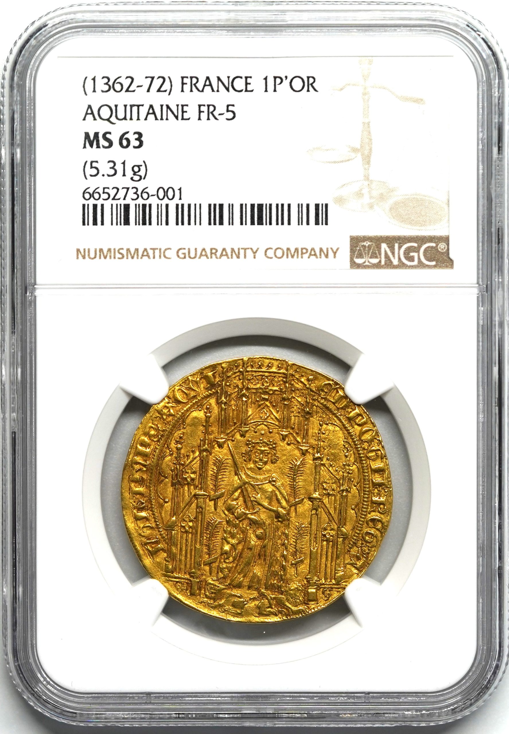 Sold】1362-72年 フランス エドワード黒太子 パビロン金貨 MS63 NGC 